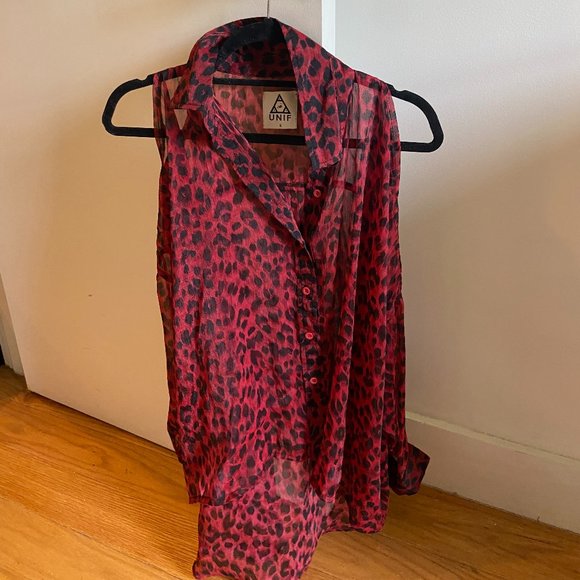 High Low Red Leopard Print Cutout Sheer Blouse - Picture 2 of 4